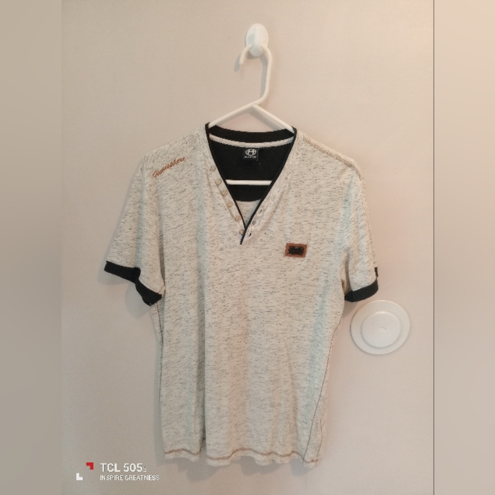 Beige V-Neck T-Shirt with Black Trim